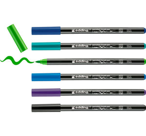Os 6 marcadores edding 4200 Cool: preto, violeta, azul-claro, verde-claro, turquesa e azul-aço