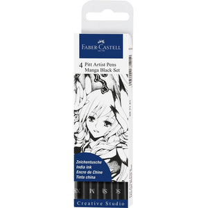 Marcadores Faber-Castell Pitt Artist Pen Manga — conjuntos — Preto — 4 pontas XS, M, SC e SB