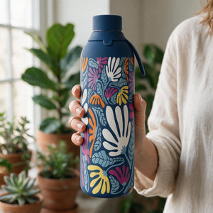 Garrafa térmica com interior cerâmico Áurea – Tropic Bloom – 750 ml · Azul escuro
