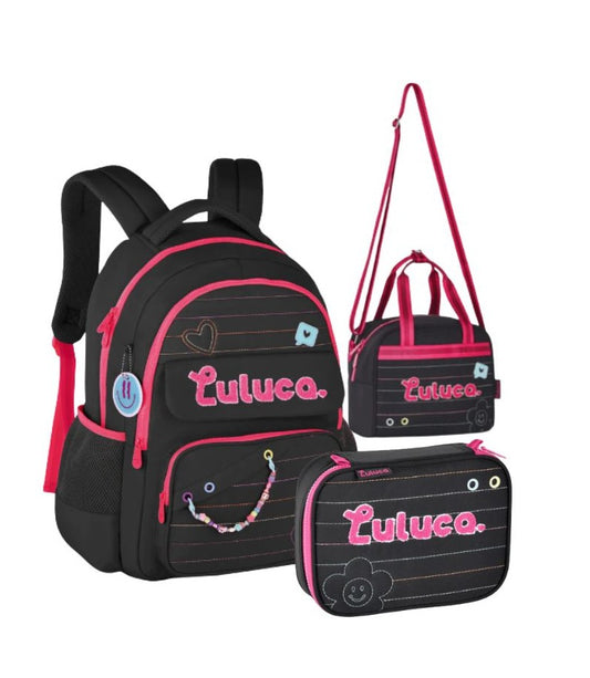 Kit Mochila + Estojo + Lancheira Luluca Preto