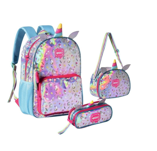 Kit Mochila + Lancheira + Estojo Holográfico Unicórnio