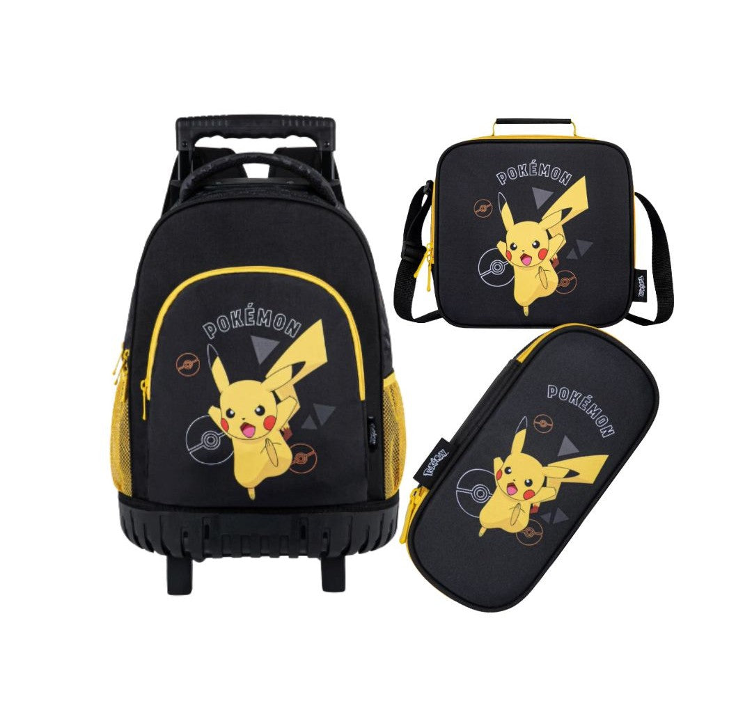 Conjunto mochila com rodas + Lancheira + Estojo Pokémon