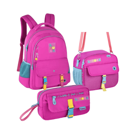 Conjunto Mochila + Lancheira + Estojo Rosa Luluca
