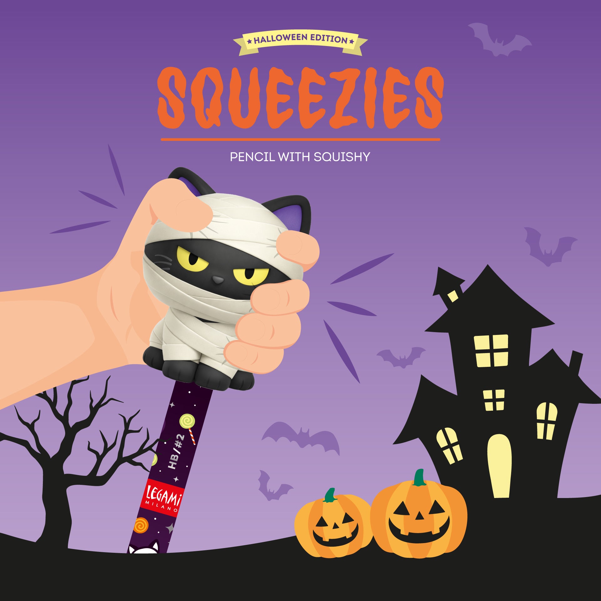 Lápis com Topo Anti-Stress Gato Preto Halloween Legami