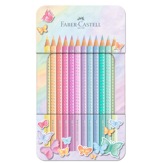 Lápis de cor Sparkle Faber-Castell caixa metálica de 12 Pastel + oferta Lapis Sparkle