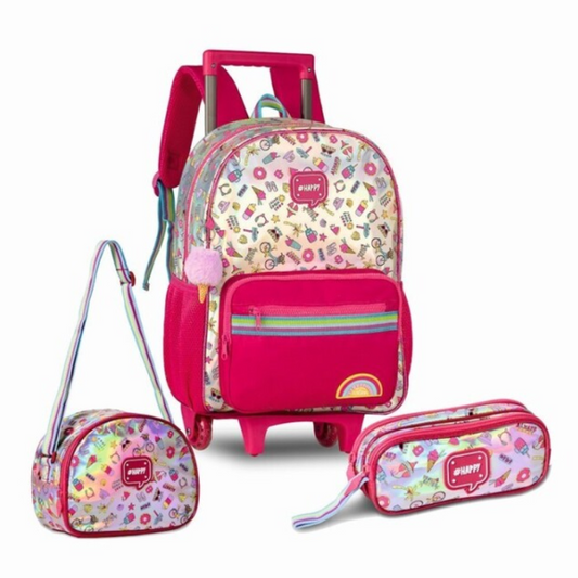 Conjunto Escolar trolley + Lancheira + Estojo Holográfico
