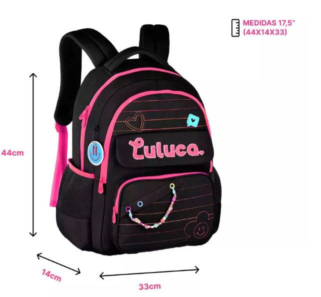Mochila escolar Luluca Preto 44cm