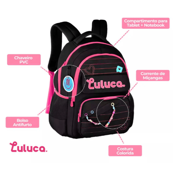 Kit Mochila + Estojo + Lancheira Luluca Preto