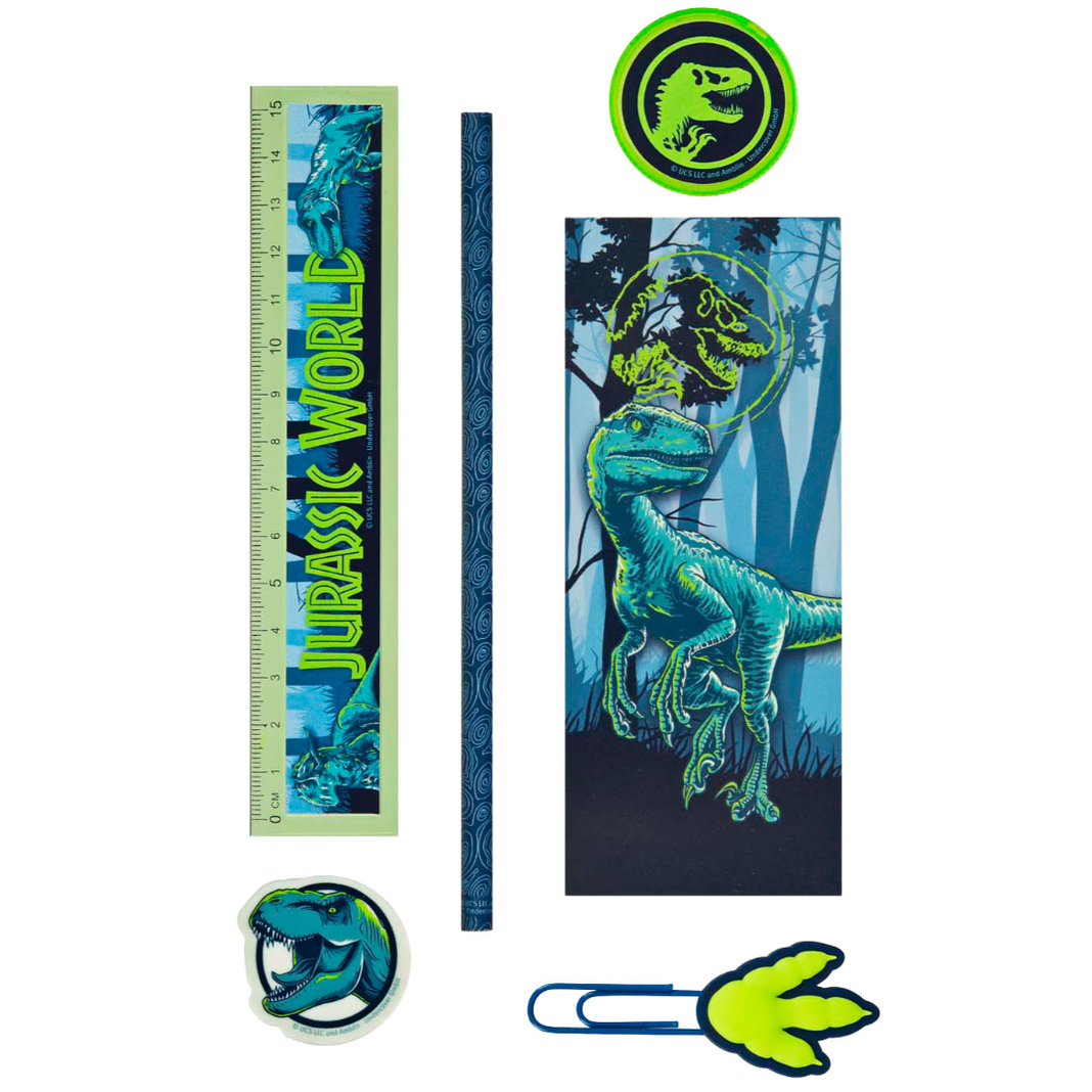 Conjunto escrita Jurassic world 7 peças com copo