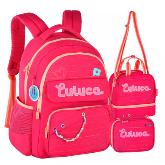 Kit Mochila + Estojo + Lancheira Luluca Rosa