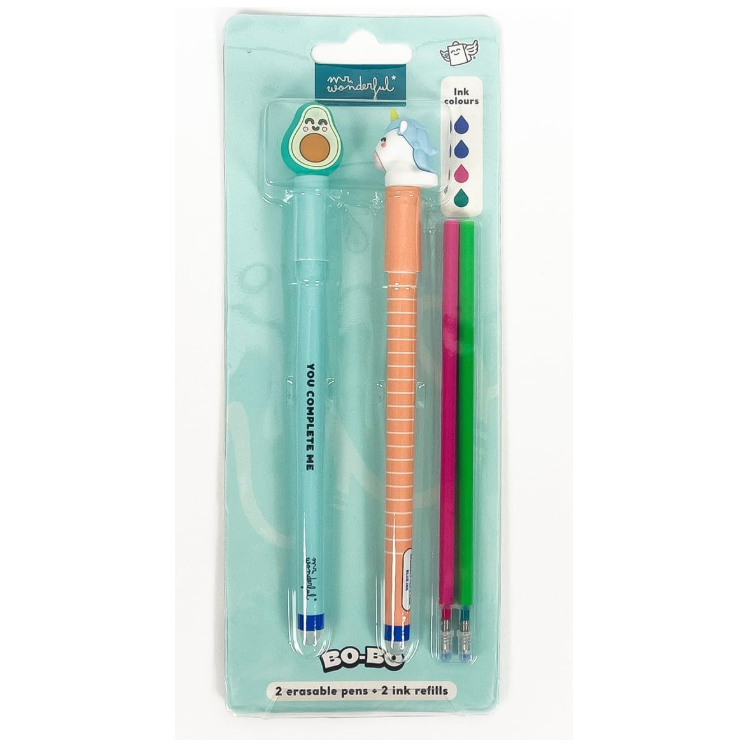 Conjunto 2 canetas apagaveis Mr. Wonderfull Abacate, Unicórnio e 2 recargas