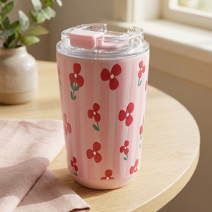 Copo térmico com interior cerâmico 400 ml Áurea – Floral Picnic – Rosa
