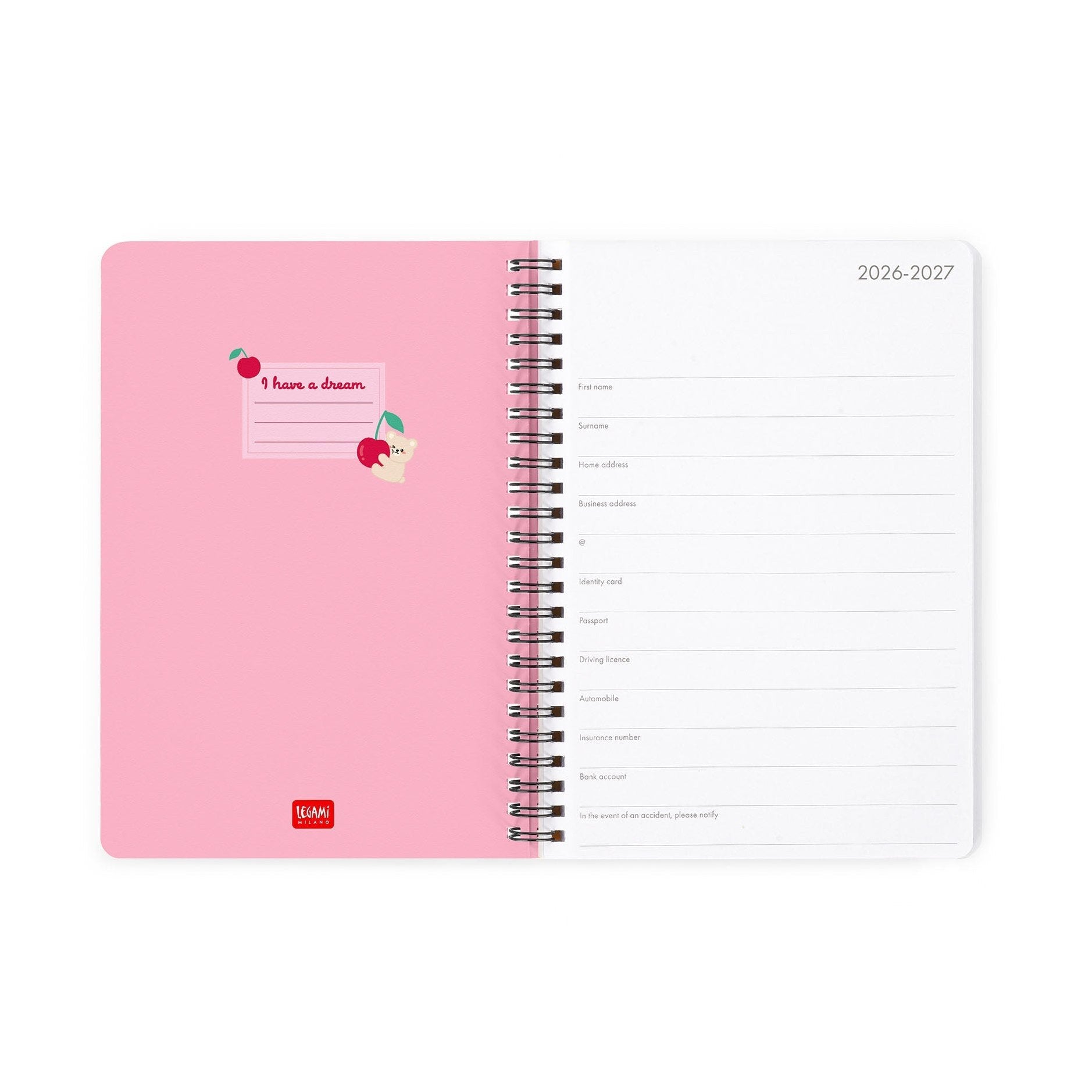 Agenda Legami 16 meses Semanal -Grande Espiral- Urso Cereja Rosa - Papelaria Encantada