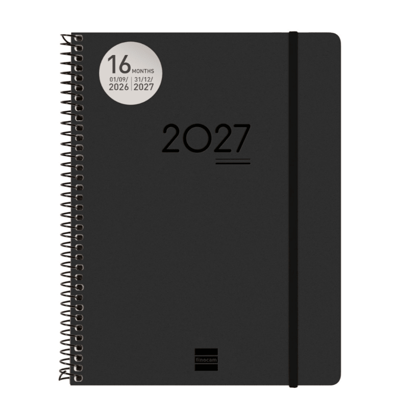 Agenda semanal A5 2026/27 16 meses espiral Finocam Preto - Papelaria Encantada