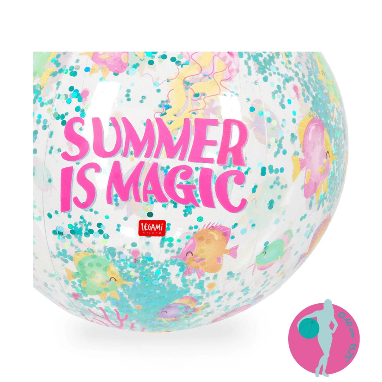Bola de Praia Insuflável "O Verão é Mágico" - Bola de Praia com Glitter - Legami - Papelaria Encantada