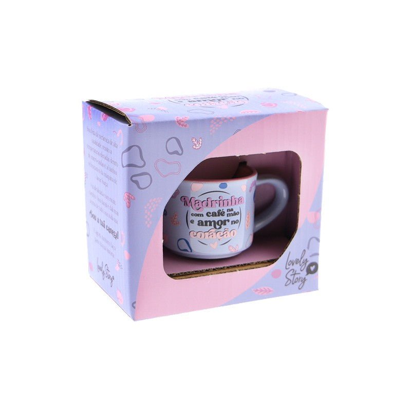 Chávena café madrinha com café na mão e amor no coração - Papelaria Encantada