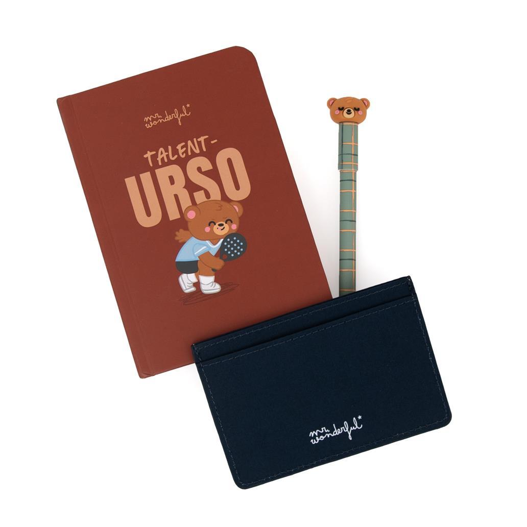 Conjunto Caderno A6 + Porta - cartões + Esferográfica apagável Bo - bo Urso - Talent - oso - Mr. Wonderful - Papelaria Encantada