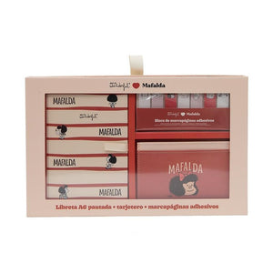 Conjunto com caderno A6 + porta - cartões + marcadores adesivos - Mafalda - Papelaria Encantada