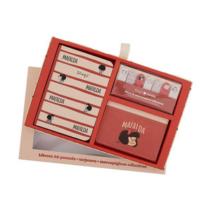 Conjunto com caderno A6 + porta - cartões + marcadores adesivos - Mafalda - Papelaria Encantada