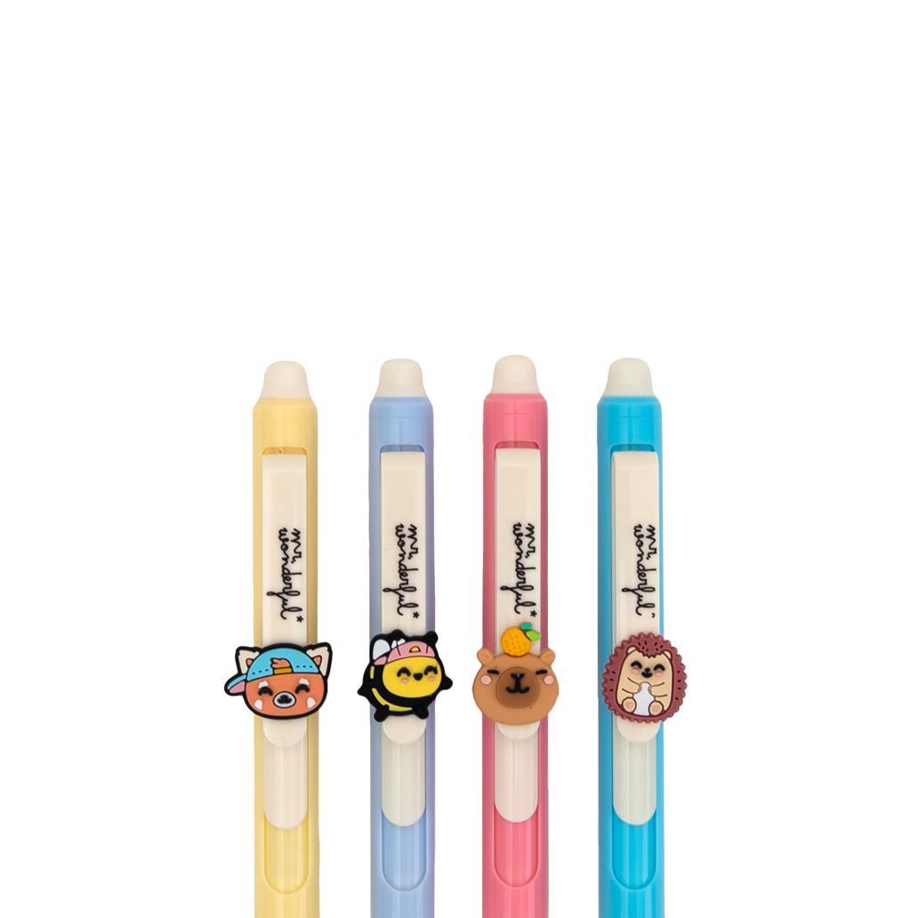 Conjunto de 4 Esferográficas apagáveis - Panda Vermelho, Albelha, Capivara e Ouriço Mr. Wonderful - Papelaria Encantada