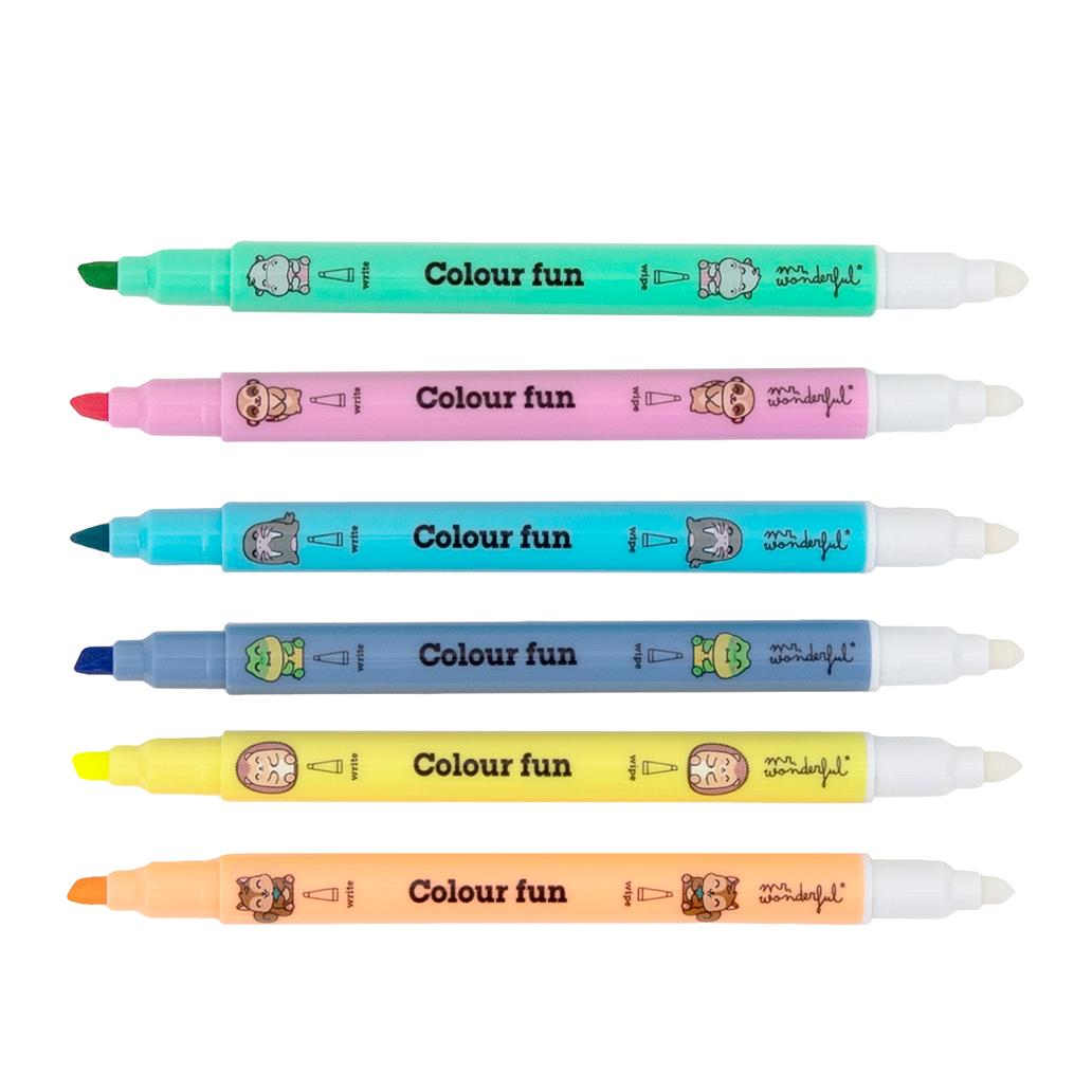 Conjunto de 6 Sublinhadores Apagáveis - Wonder Comic Mr Wonderful - Papelaria Encantada