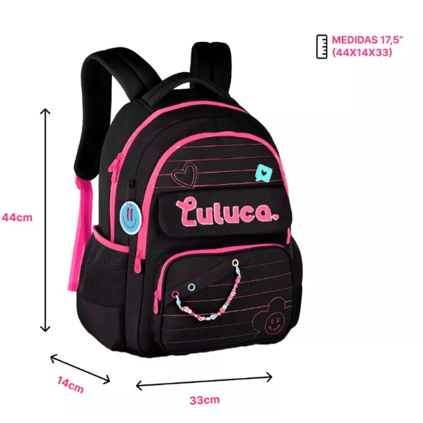 Kit Mochila + Estojo + Lancheira Luluca Preto - Papelaria Encantada