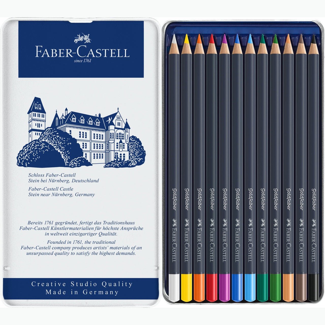 Lápis de cor godlfaber caixa metálica de 12 faber-castell - Papelaria Encantada