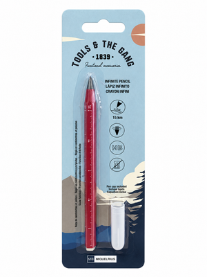 Lápis infinito Miquelrius Tools & The Gang vermelho com tampa, embalagem de frente sobre fundo branco