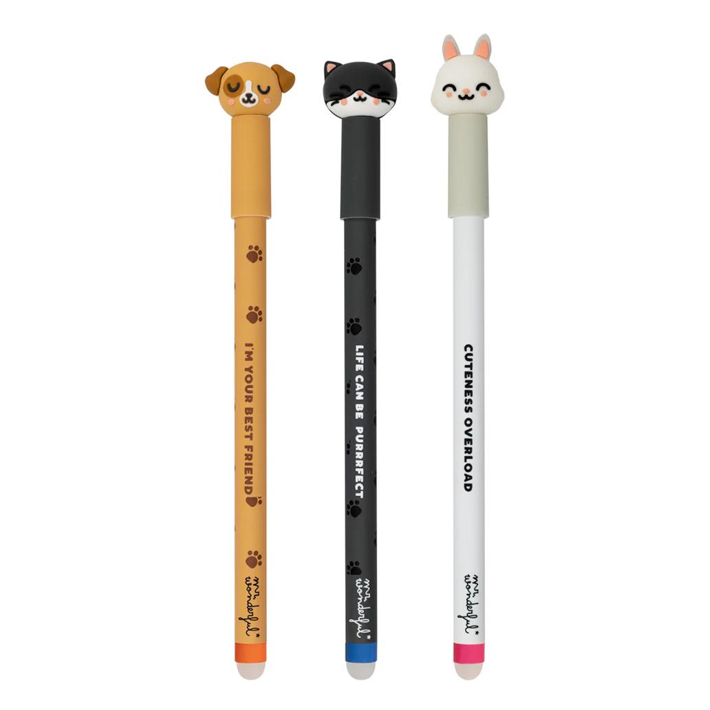 Pack 3 canetas apagáveis Bo - bo para notas sem par - Cão, gato e coelho Mr Wonderful - Papelaria Encantada