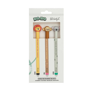 Pack 3 canetas apagáveis Bo - bo para notas sem par - Leão, macaco e coala Mr Wonderful - Papelaria Encantada