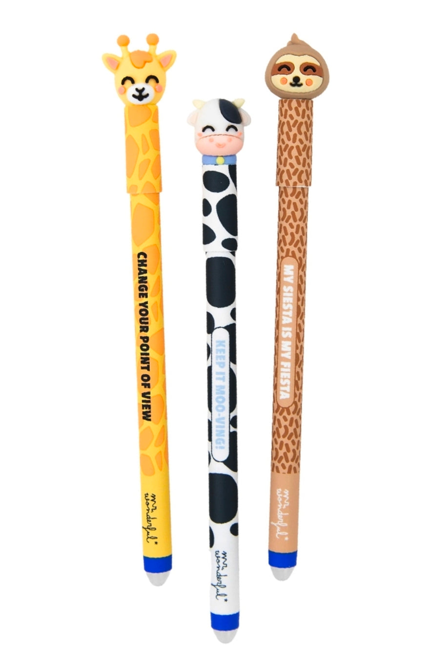 Set de 3 esferográficas apagáveis Bo-Bo - Girafa, vaca e preguiça - Mr. Wonderful