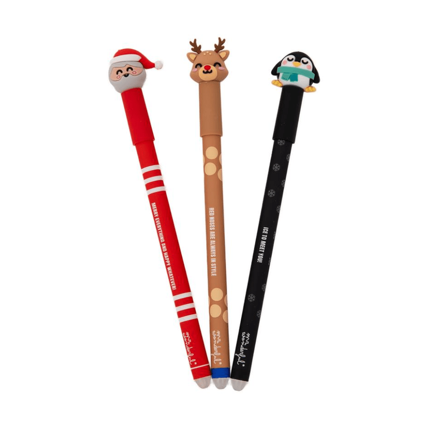Set de 3 esferográficas apagáveis Bo - Bo - Pai Natal, pinguim e rena Mr. Wonderful - Papelaria Encantada