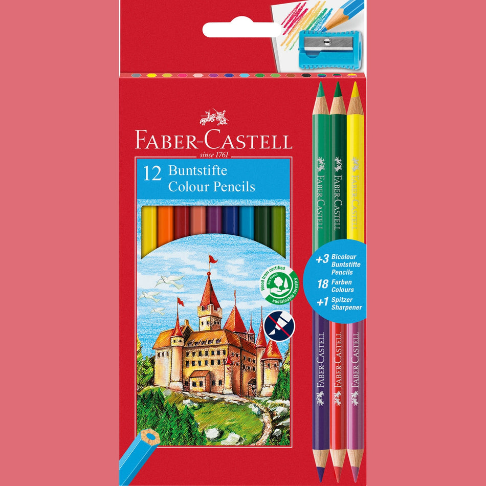 Lapis de cor faber-Castell cx 12+3 bicolor