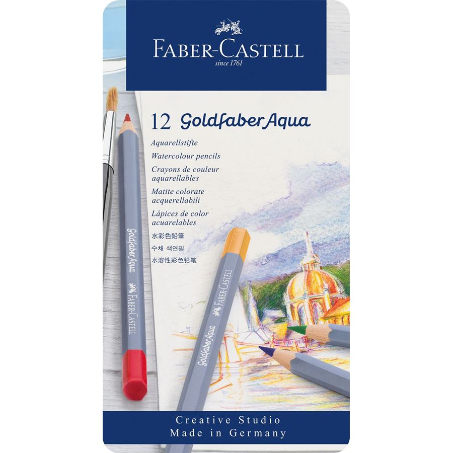 Lápis aguareláveis Faber-Castell Goldfaber Aqua — caixas metálicas — 12 cores
