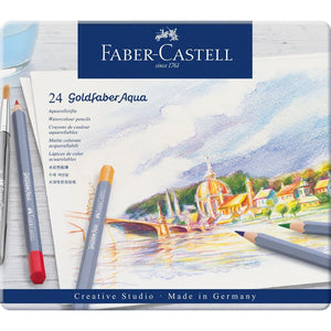 Lápis aguareláveis Faber-Castell Goldfaber Aqua — caixas metálicas — 24 cores