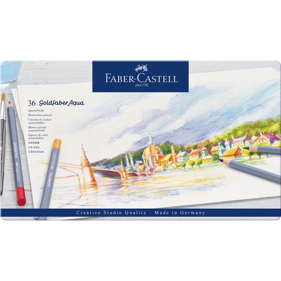 Lápis aguareláveis Faber-Castell Goldfaber Aqua — caixas metálicas — 36 cores