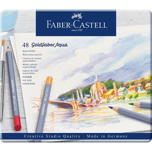 Lápis aguareláveis Faber-Castell Goldfaber Aqua — caixas metálicas — 48 cores
