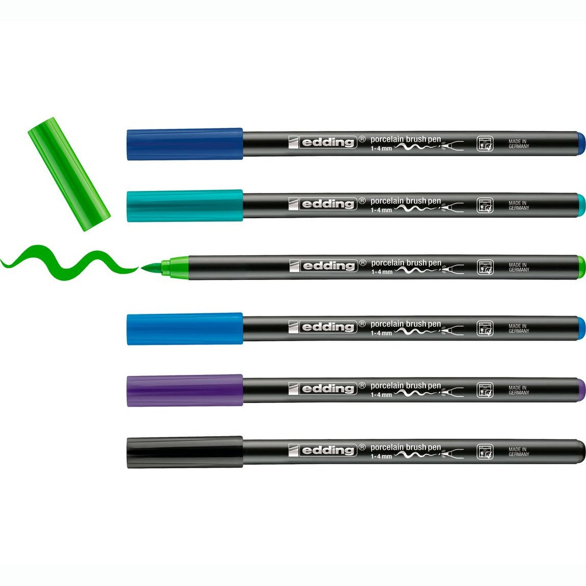 Os 6 marcadores edding 4200 Cool: preto, violeta, azul-claro, verde-claro, turquesa e azul-aço
