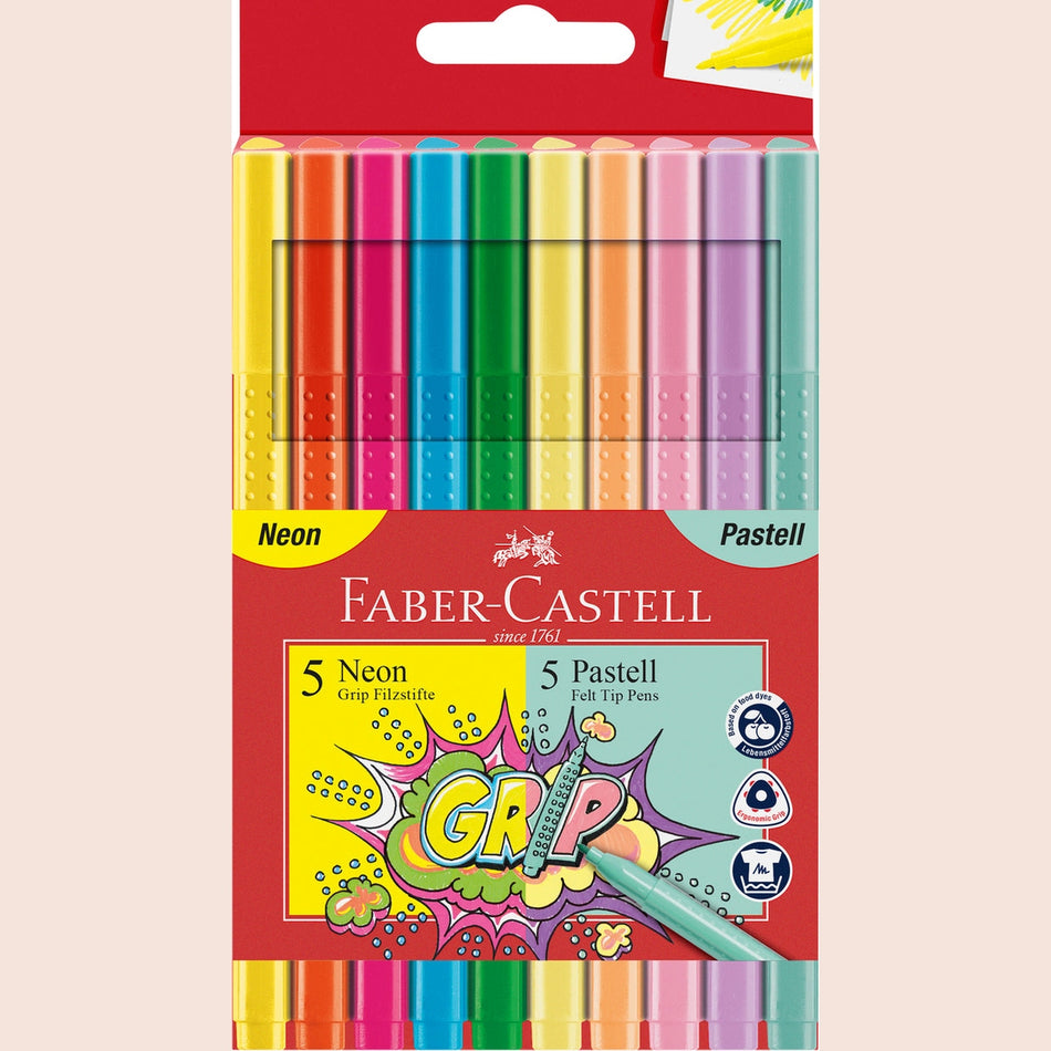 Marcadores Faber-Castell Grip cores pastel + Neon 10 cores