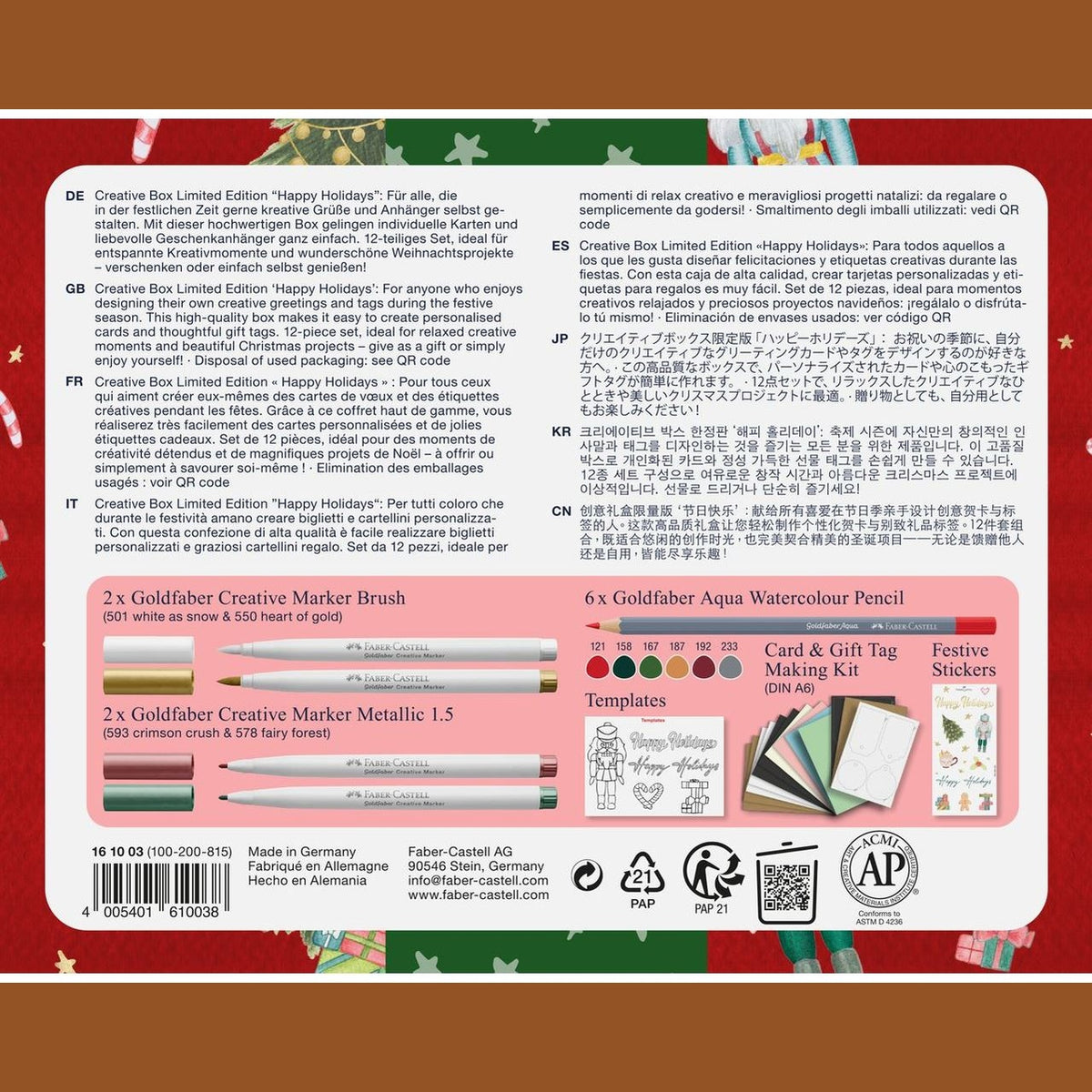 Kit Criativo Faber-Castell Goldfaber Happy Holidays - Verso da embalagem e conteúdo