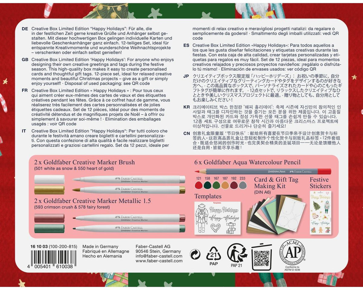 Kit Criativo Faber-Castell Goldfaber Happy Holidays - Verso da embalagem e conteúdo