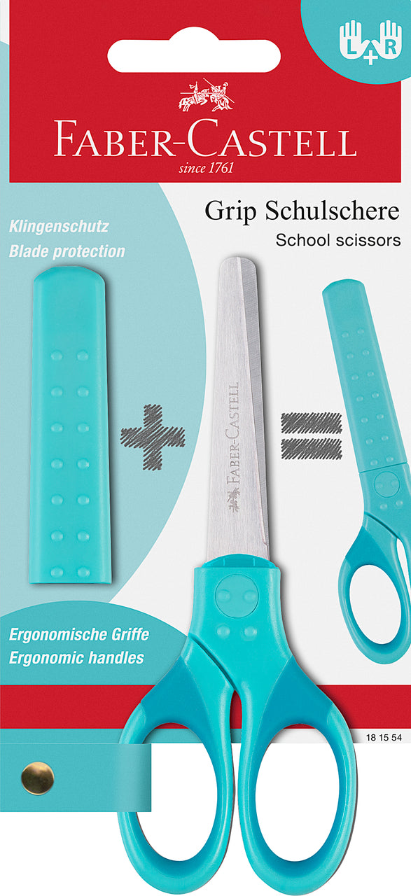 Tesoura Faber-Castell Grip com proteção L+R Azul Turquesa