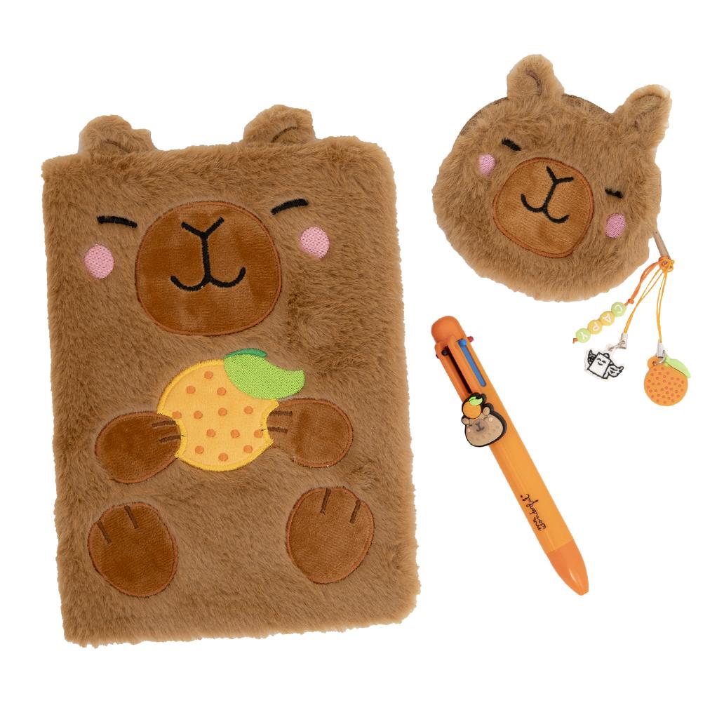 Conjunto de caderno A5 + porta-moedas + esferográfica apagável - Capivara