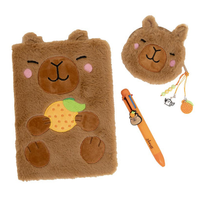 Conjunto de caderno A5 + porta-moedas + esferográfica apagável - Capivara