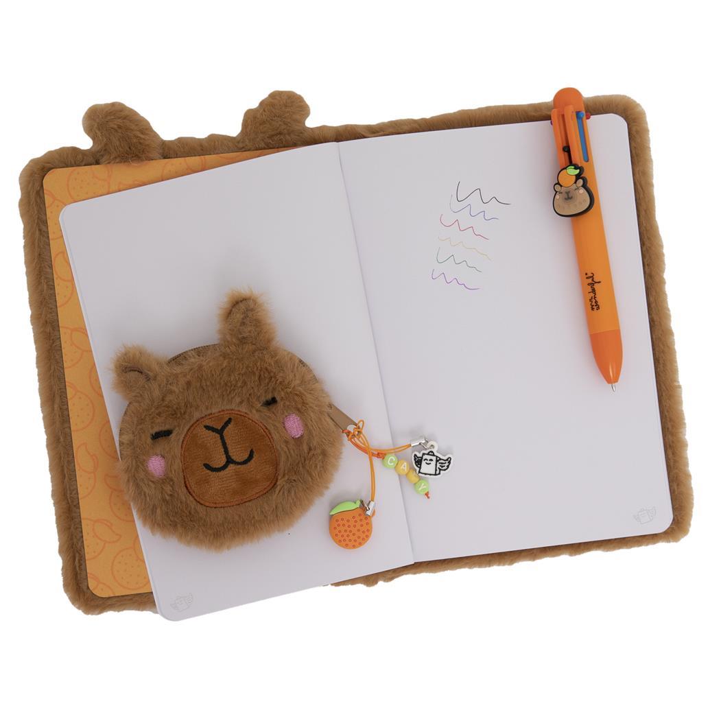 Conjunto de caderno A5 + porta-moedas + esferográfica apagável - Capivara