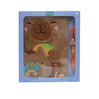 Conjunto de caderno A5 + porta-moedas + esferográfica apagável - Capivara