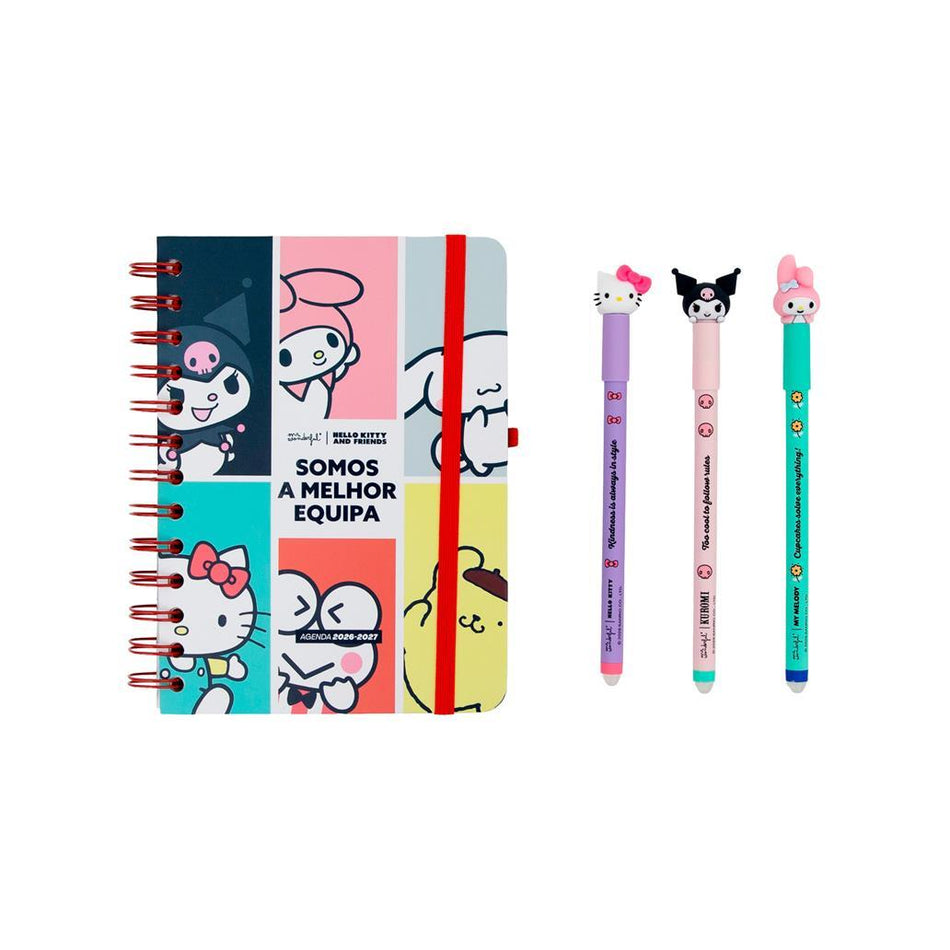 Agenda 26-27 Semanal Pequena Hello Kitty & Friends x Mr. Wonderful + 3 Esferográficas Apagáveis Bo-Bo - Somos a melhor equipa - Mr. Wonderful