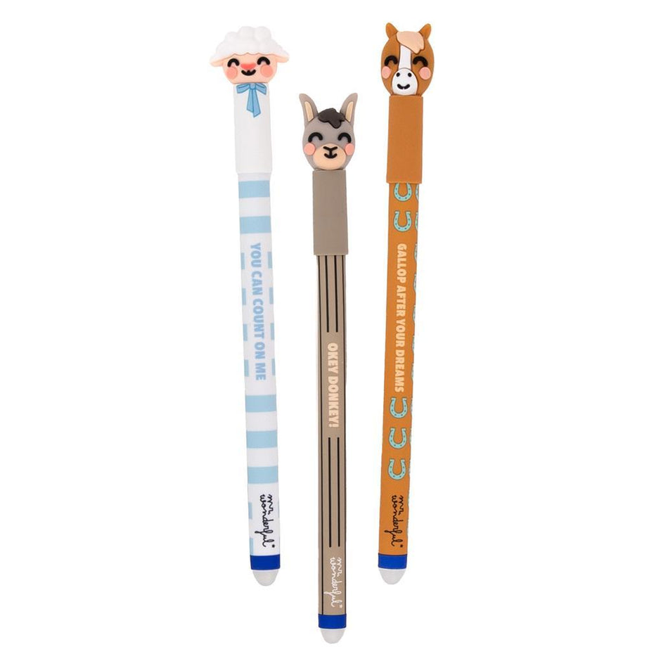 Set de 3 Esferográficas apagáveis Bo-Bo Quinta - Ovelha, Burro e Cavalo - Mr. Wonderful