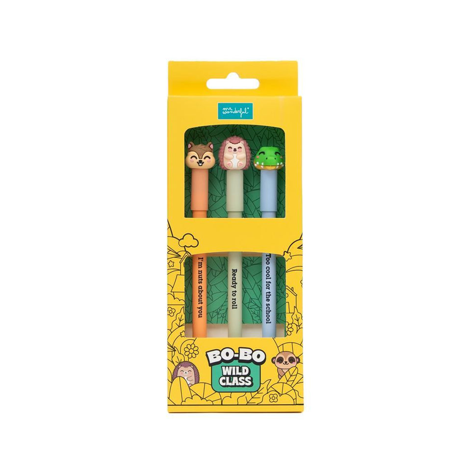 Conjunto de 3 canetas apagáveis Bo-Bo - Esquilo, Ouriço e Crocodilo