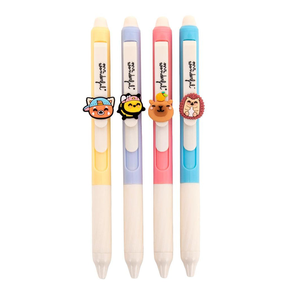 Conjunto de 4 Esferográficas apagáveis - Panda Vermelho, Albelha, Capivara e Ouriço Mr. Wonderful